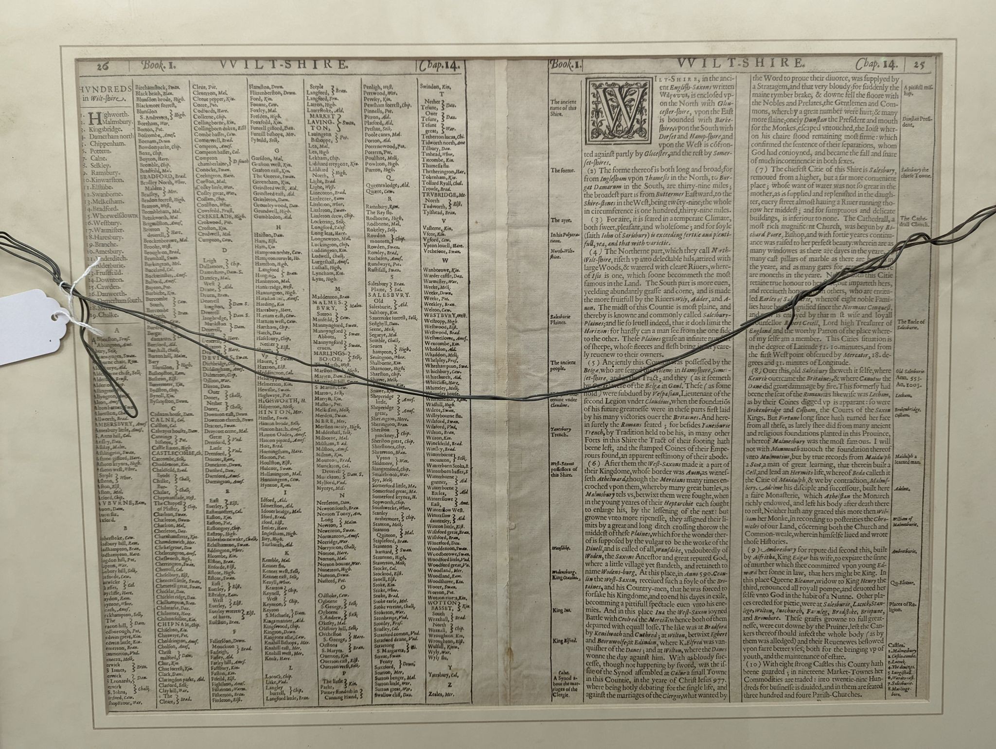 John Speed, coloured engraving, Map of Wilshire 1676, in English verso, 38 x 51cm